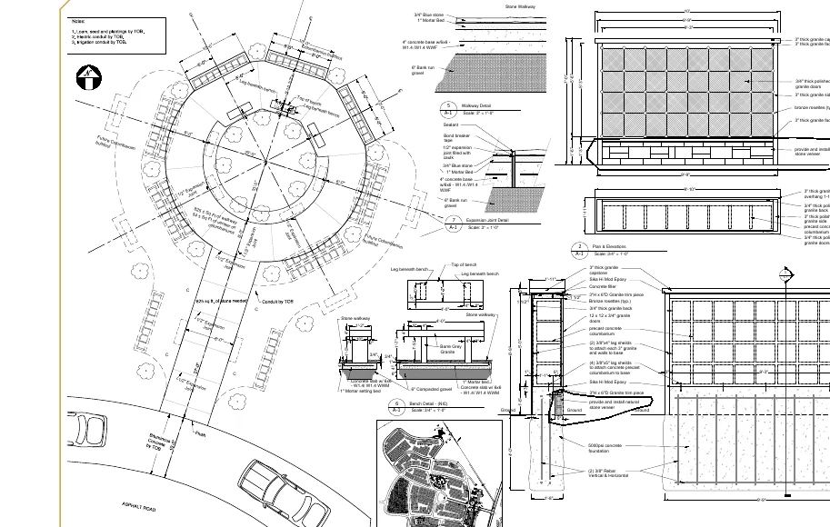 Construction drawing of a round columbarium garden with walkway, benches and foundation details